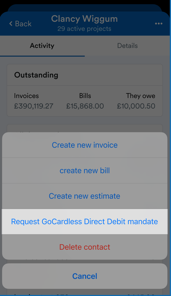 'Request GoCardless Direct Debit mandate' button highlighted on contact screen.