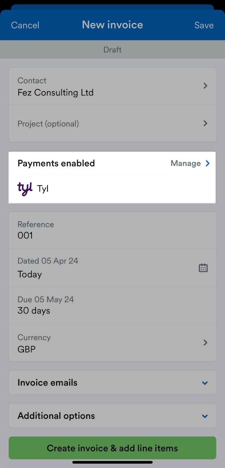 Payments enabled section of new invoice screen highlighted