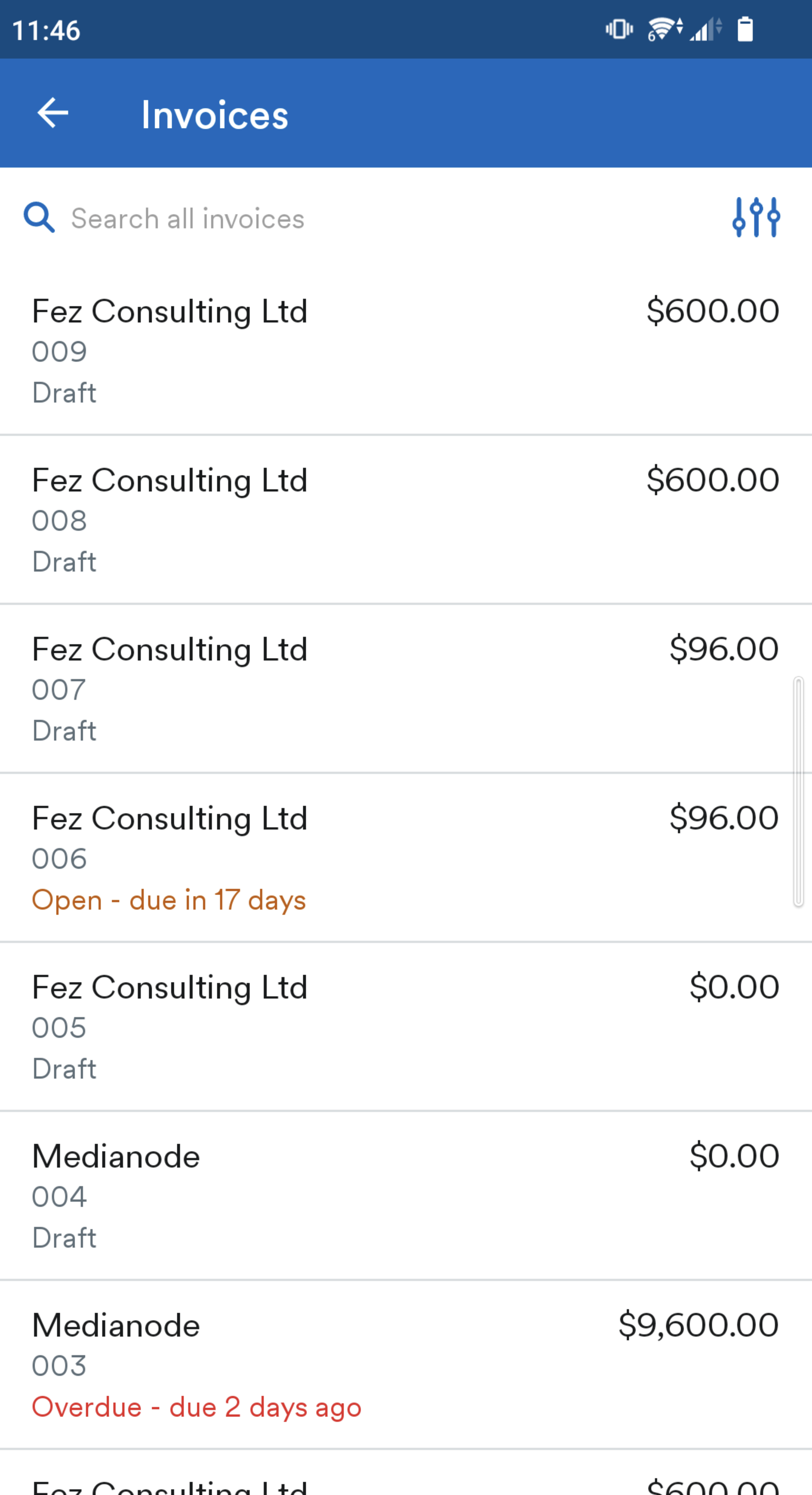Invoices listed on Invoices page.