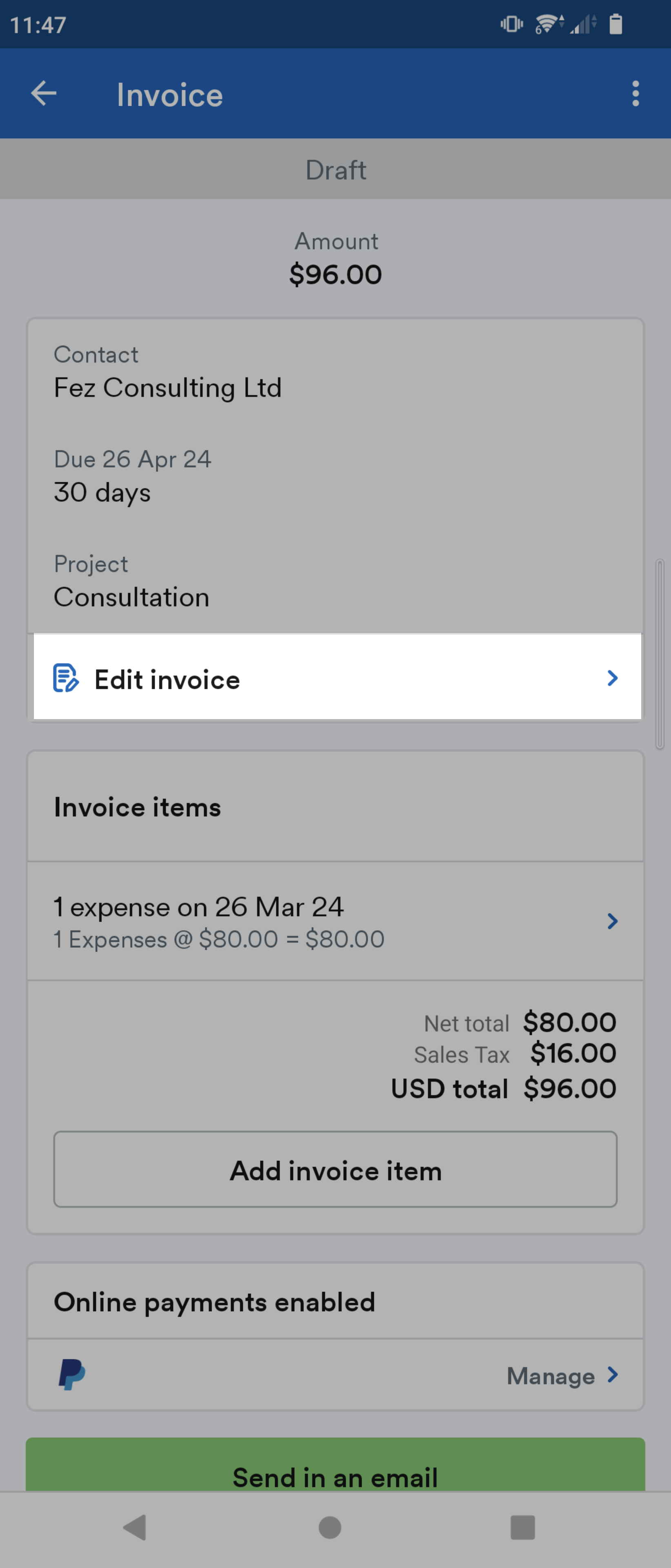 'Edit invoice' button highlighted on Invoice screen.
