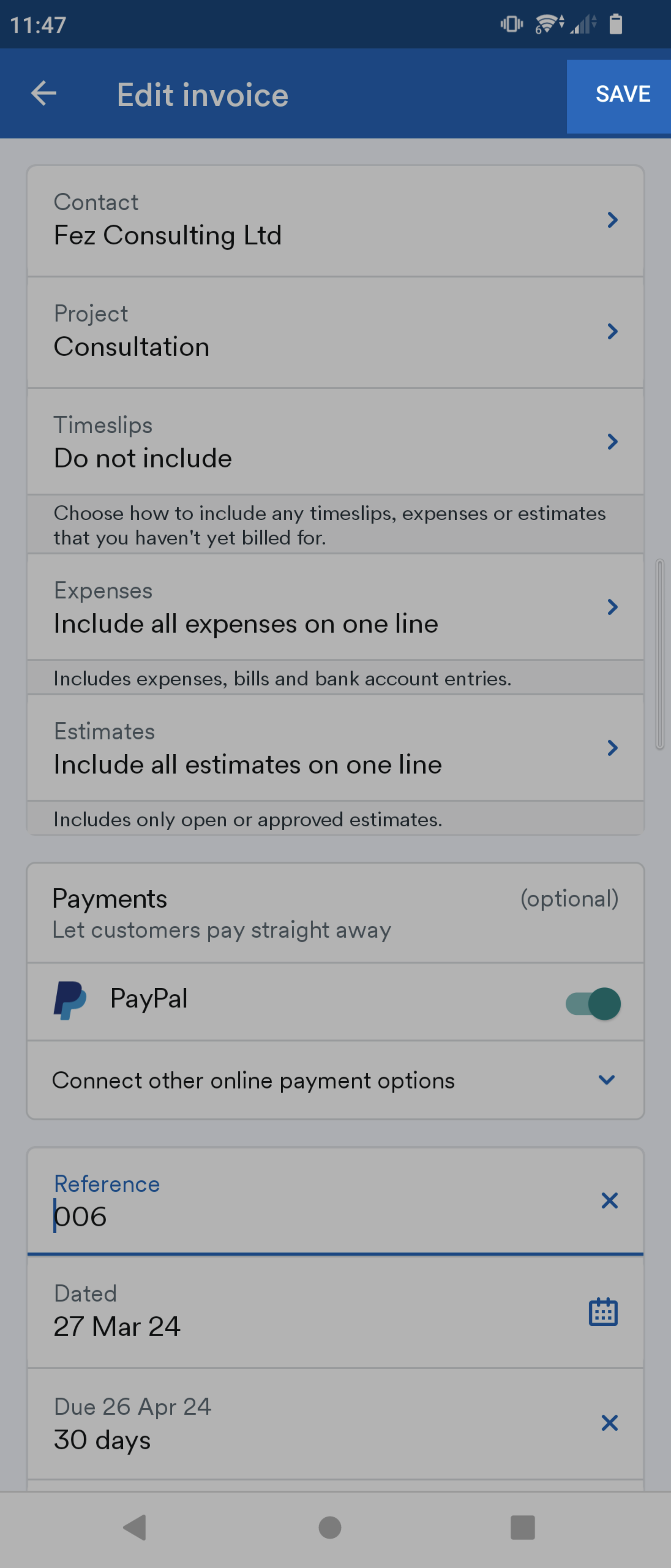 'Save' button highlighted on Edit invoice screen.