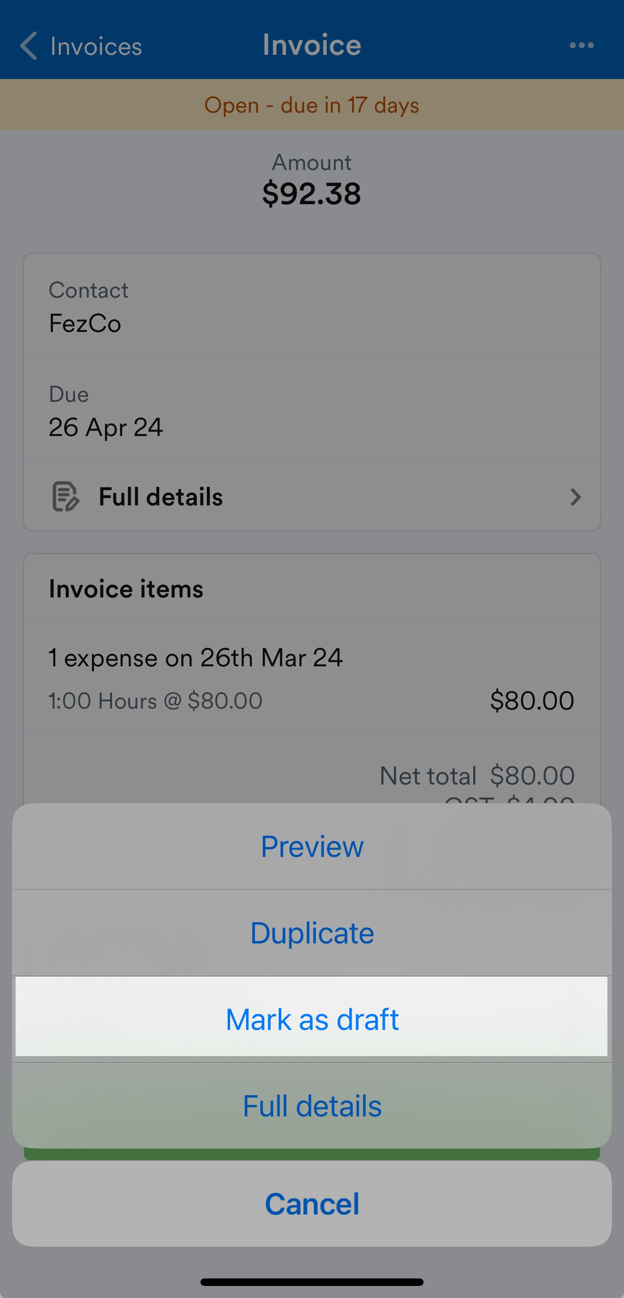 'Mark as draft' button highlighted on Invoice screen.