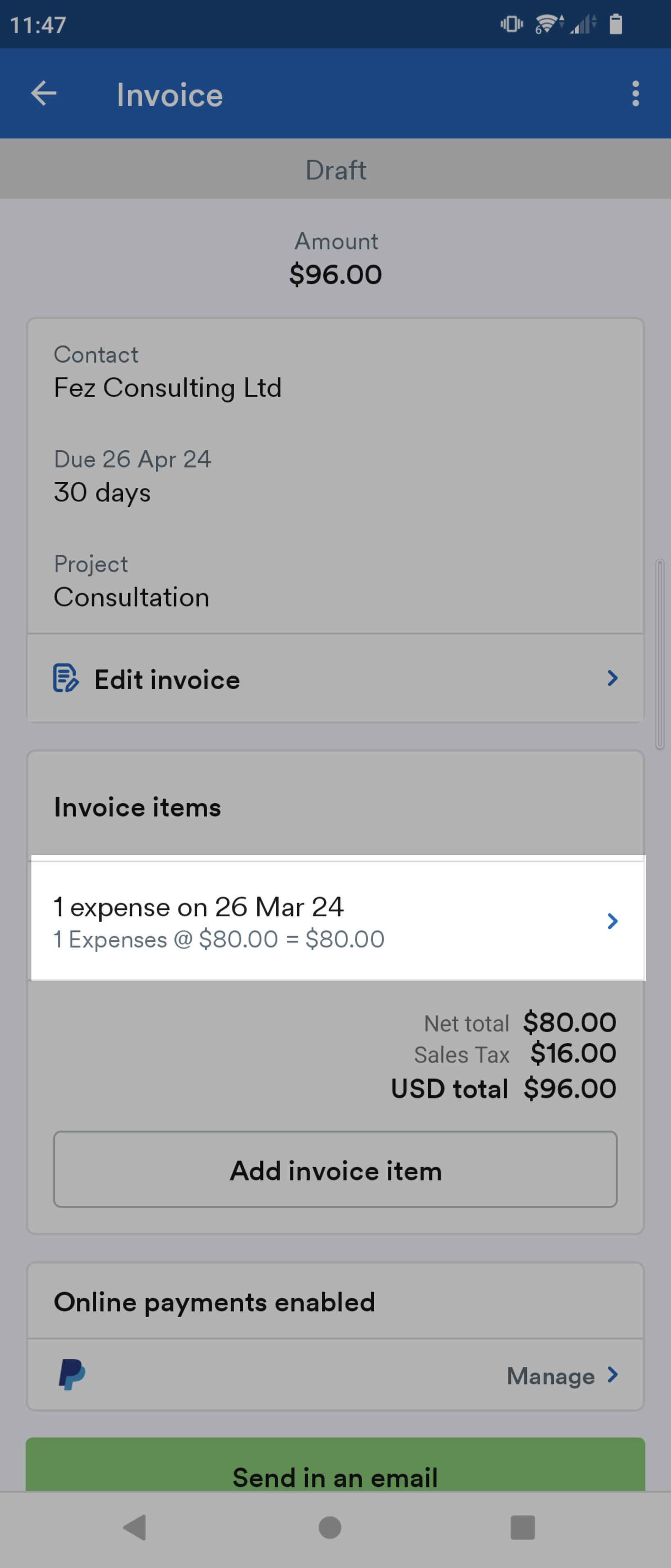 Invoice line item highlighted on Invoice screen.