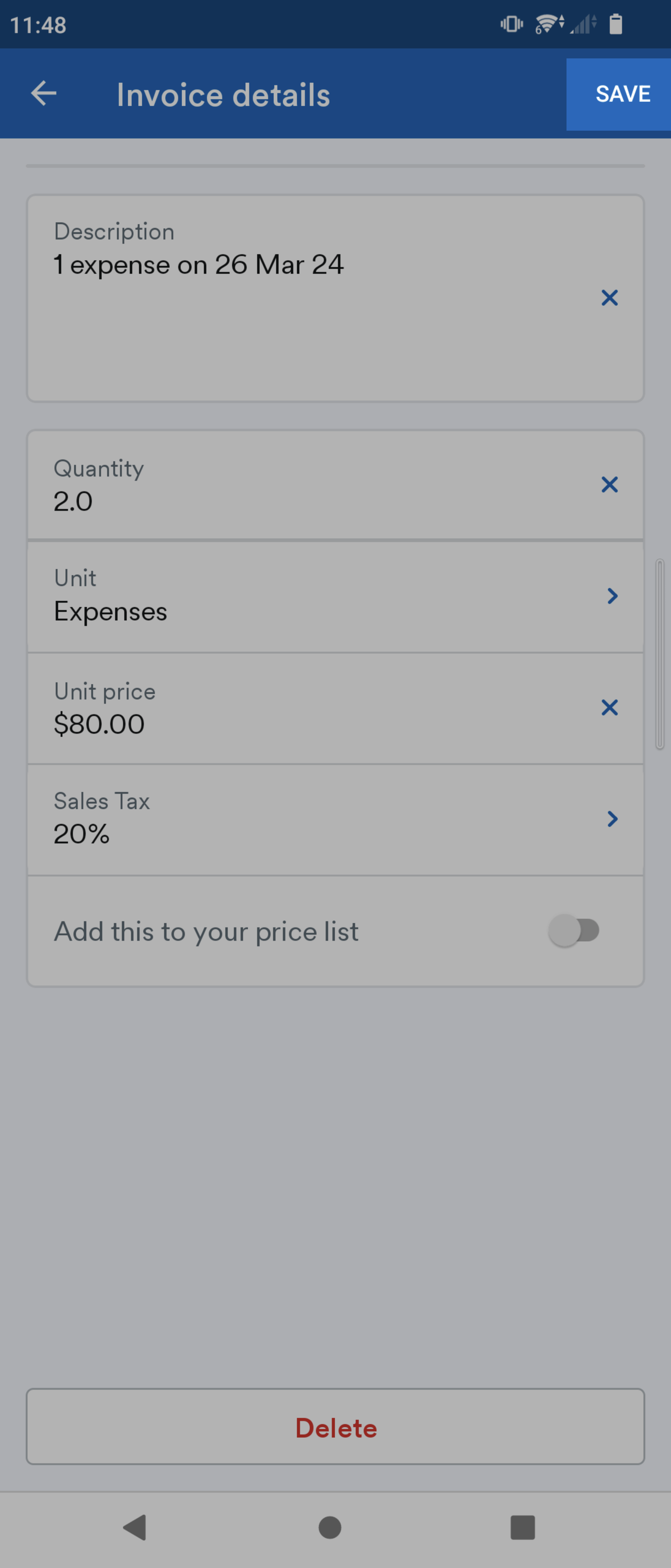 'Save' button highlighted on Invoice details screen.
