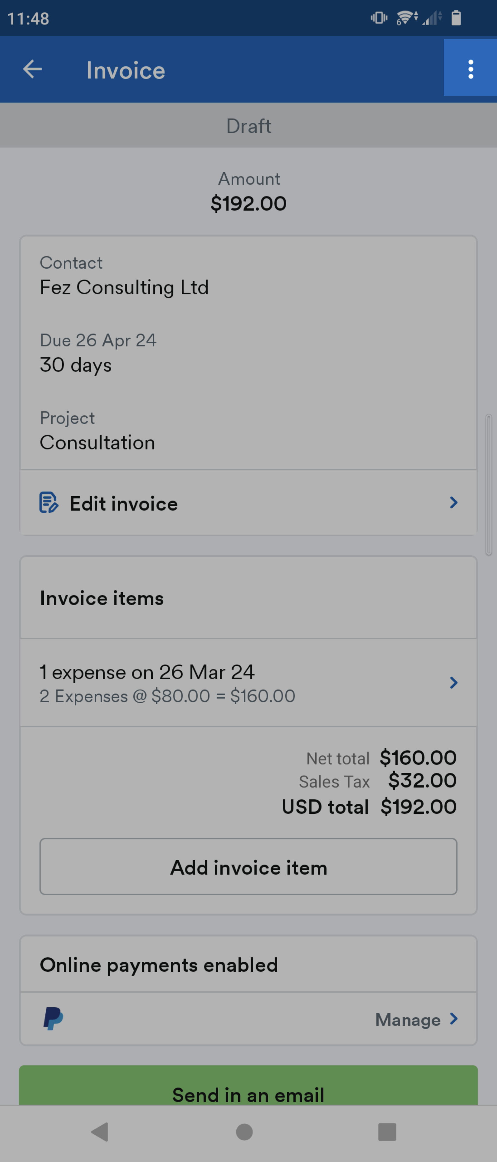 Three dots menu button highlighted on Invoice screen..