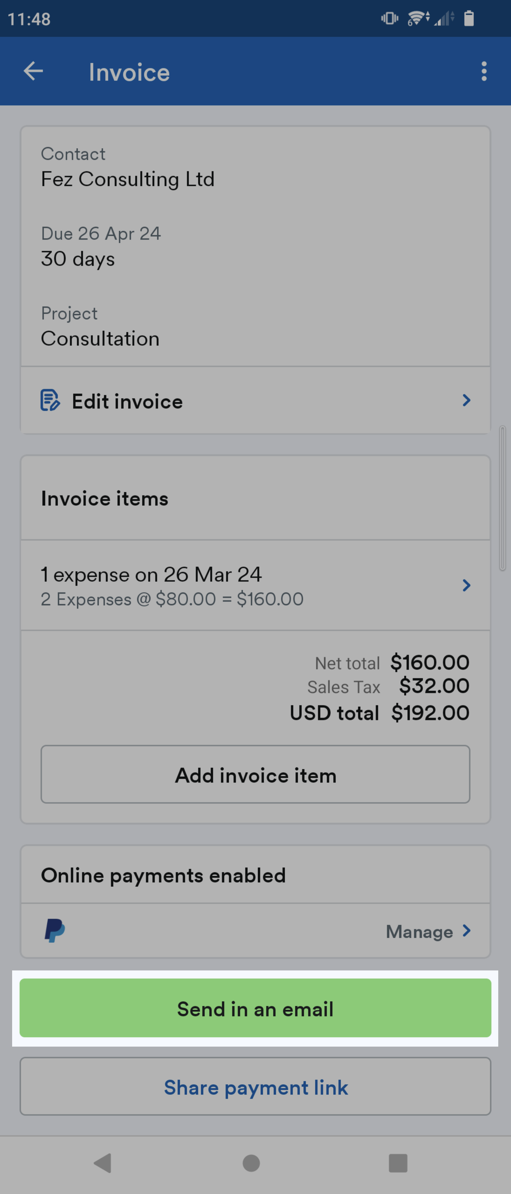 'Send in an email' button highlighted on Invoice screen.