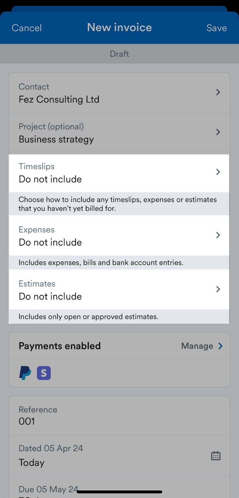 Timeslips, Expenses, and Estimates fields highlighted on New invoice screen.