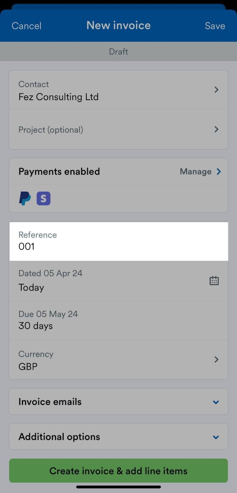 Reference field highlighted on New invoice screen.