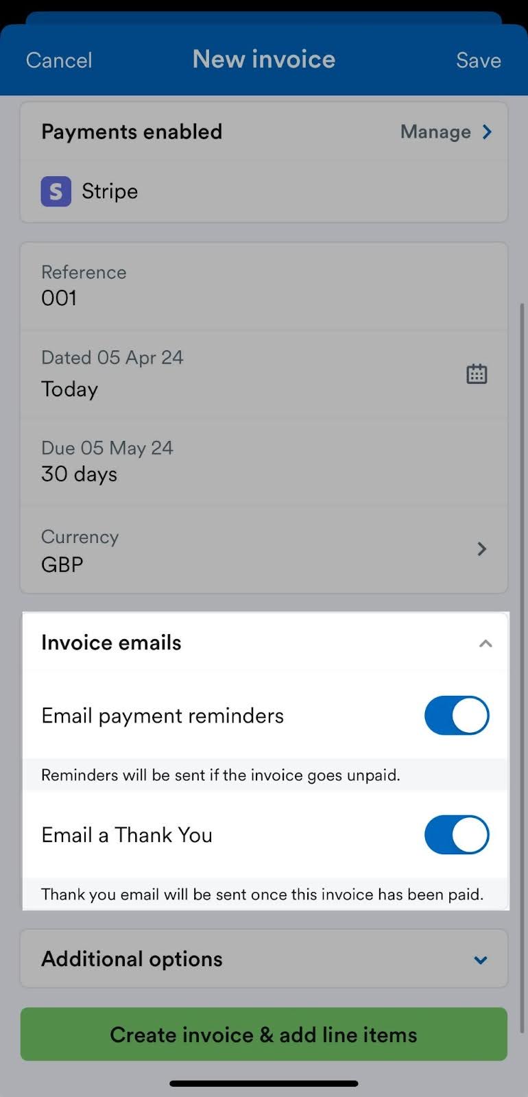 Invoice emails section highlighted on New invoice screen.