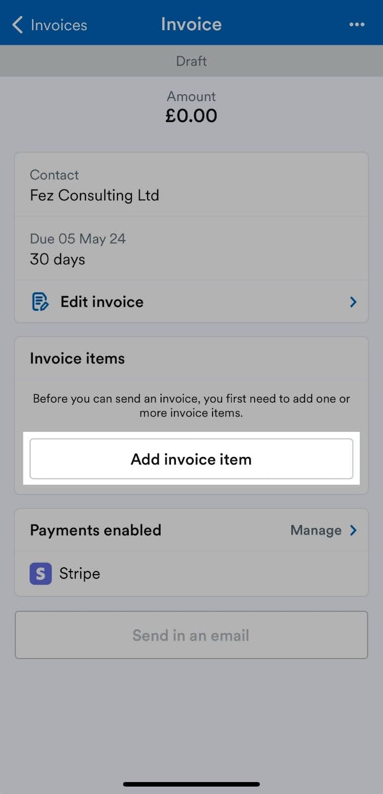 'Add invoice item' button highlighted on Invoice screen.