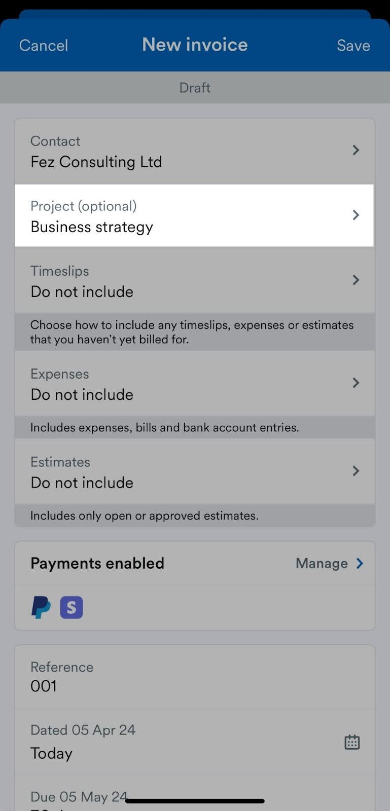 Project field highlighted on New invoice screen.