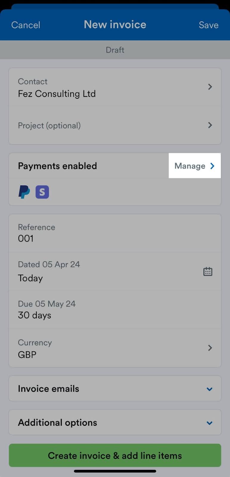 'Manage' button highlighted on New invoice screen.