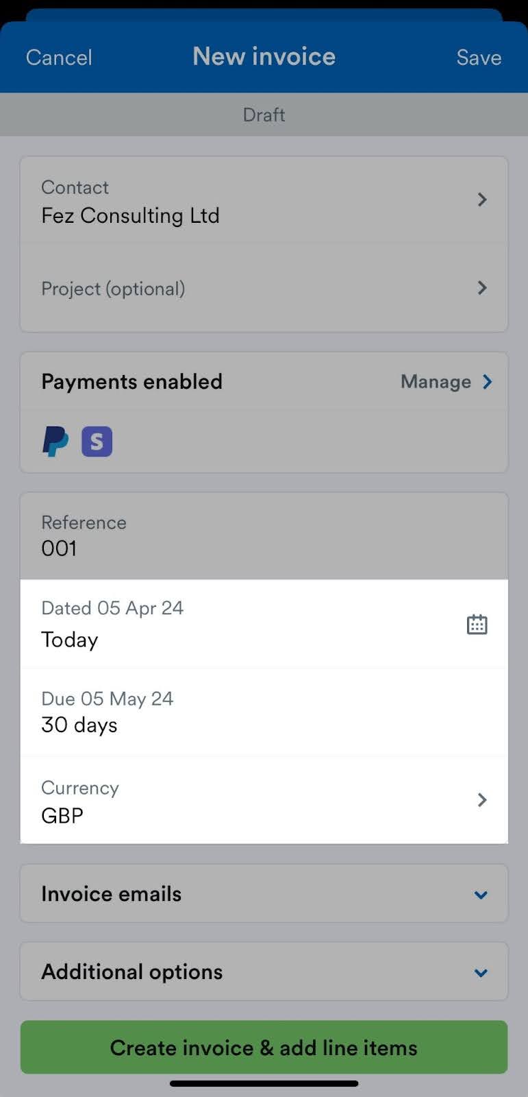 Date and currency fields highlighted on New invoice screen.