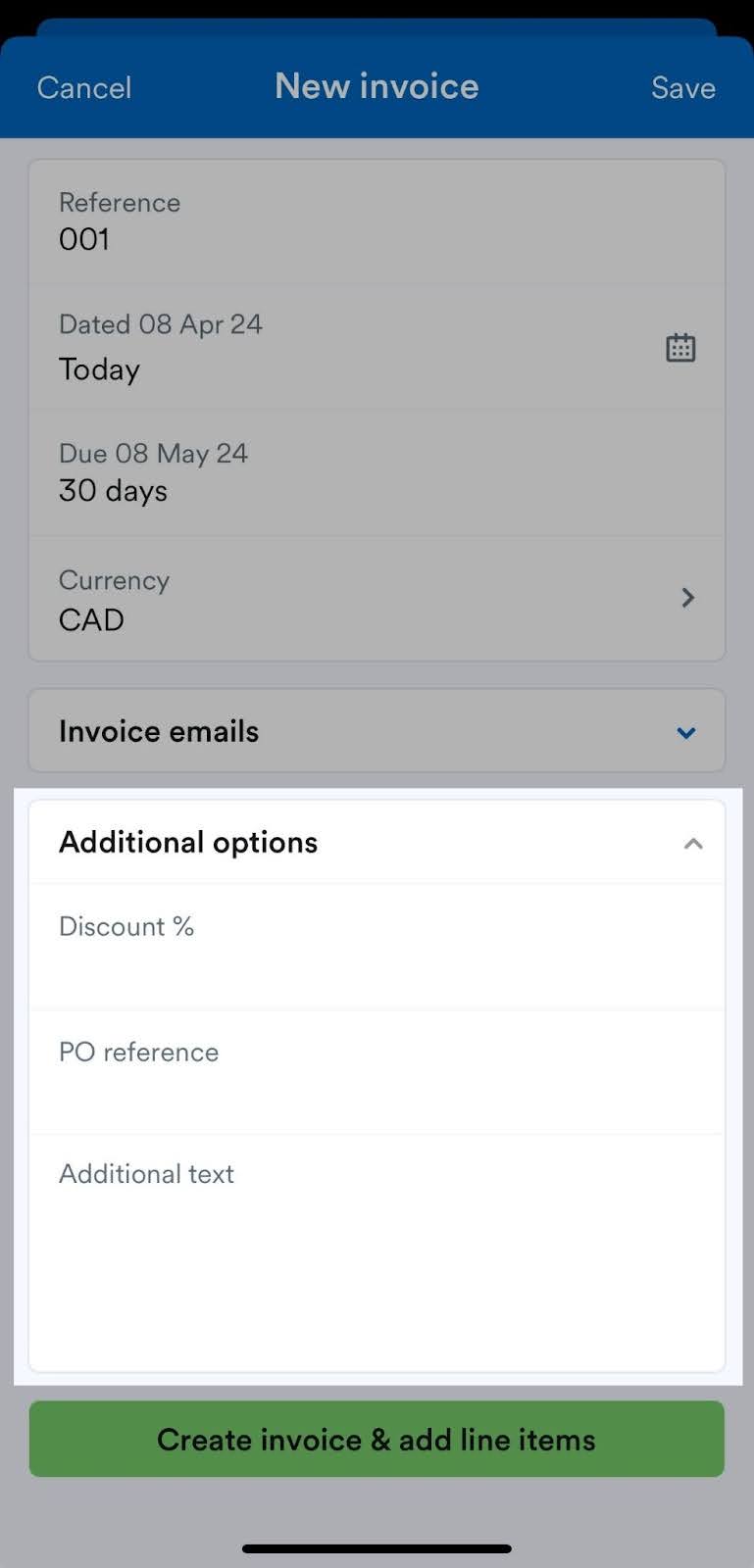 Additional options section highlighted on New invoice screen.
