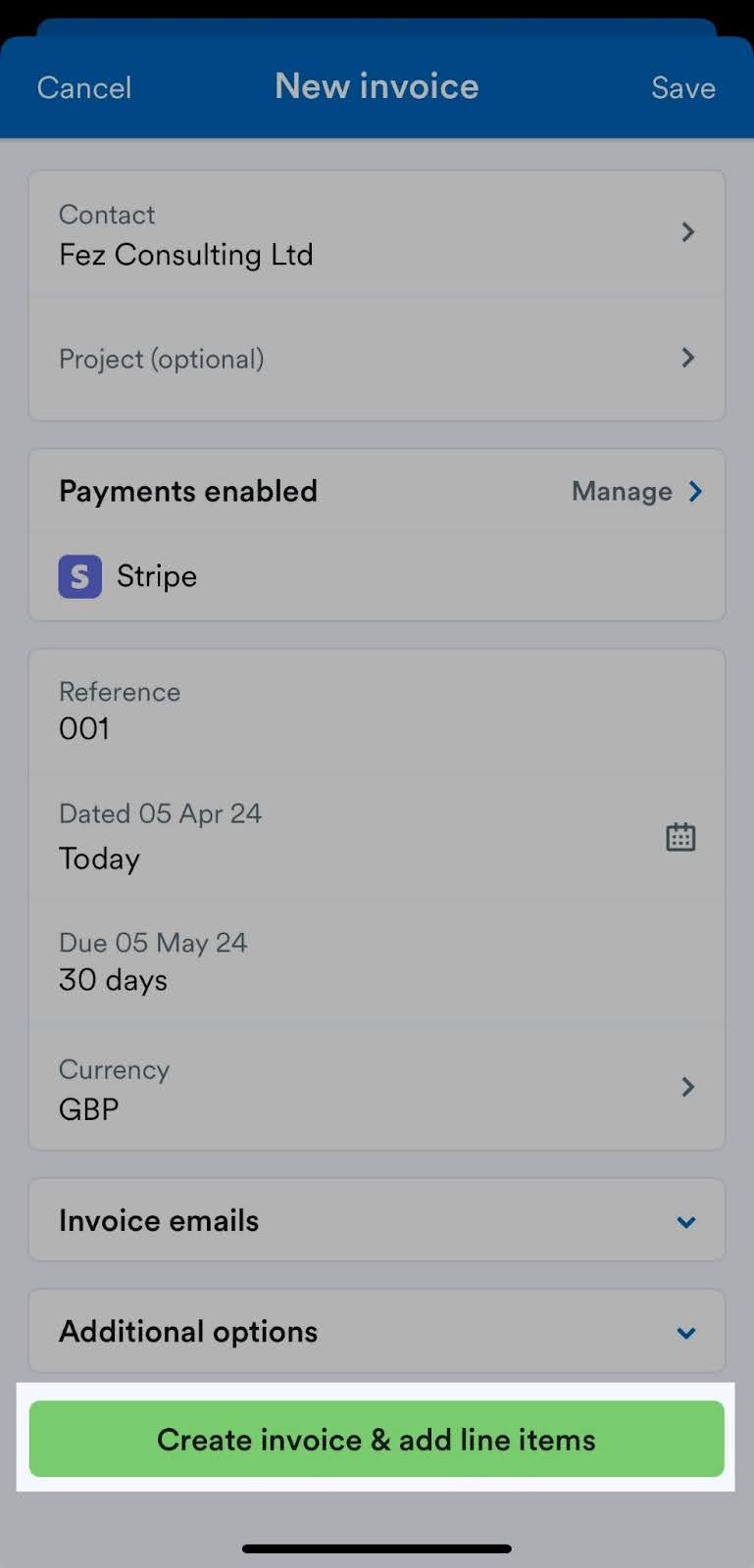 'Create invoice and add line items' button highlighted on New invoice screen.