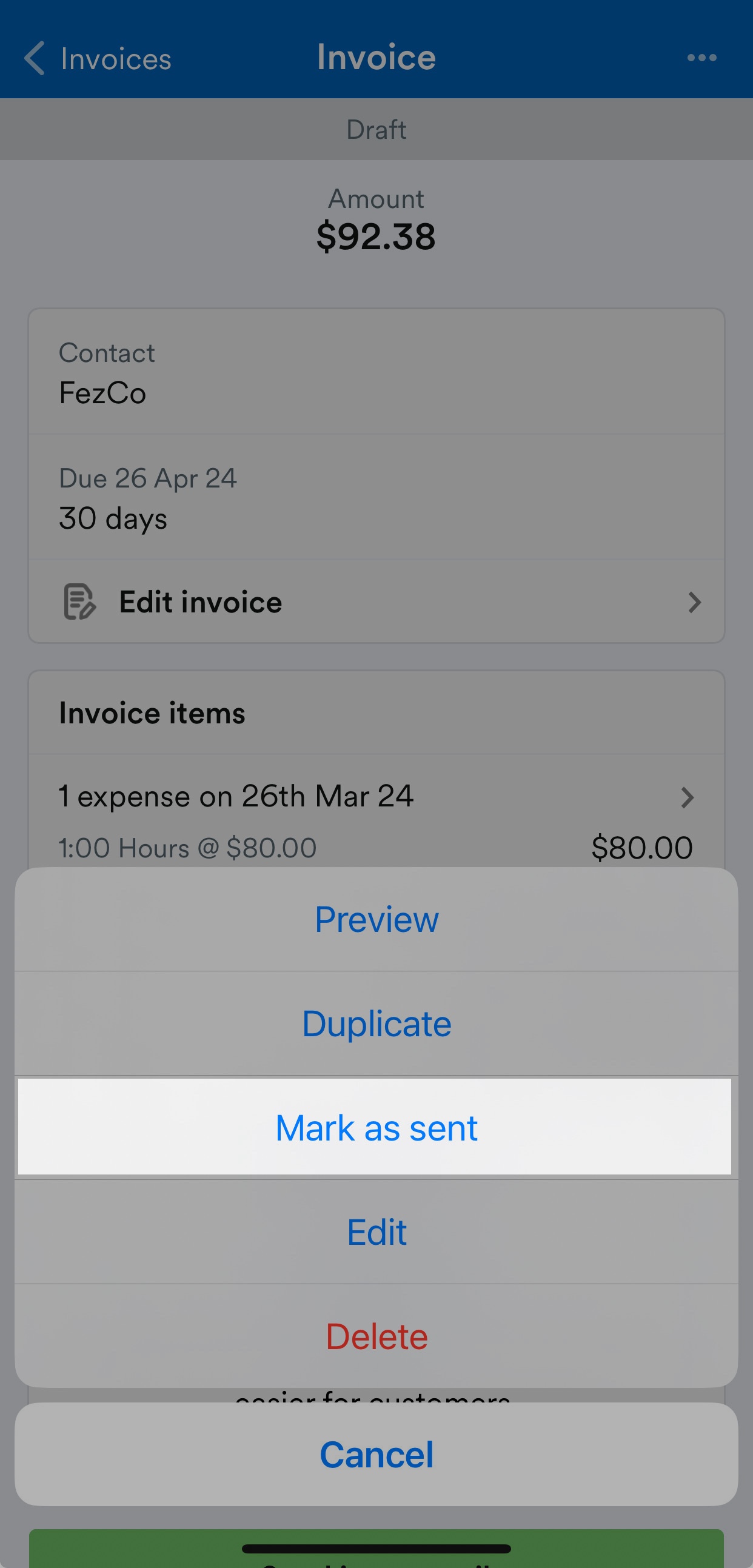 'Mark as sent' button highlighted on Invoice screen.