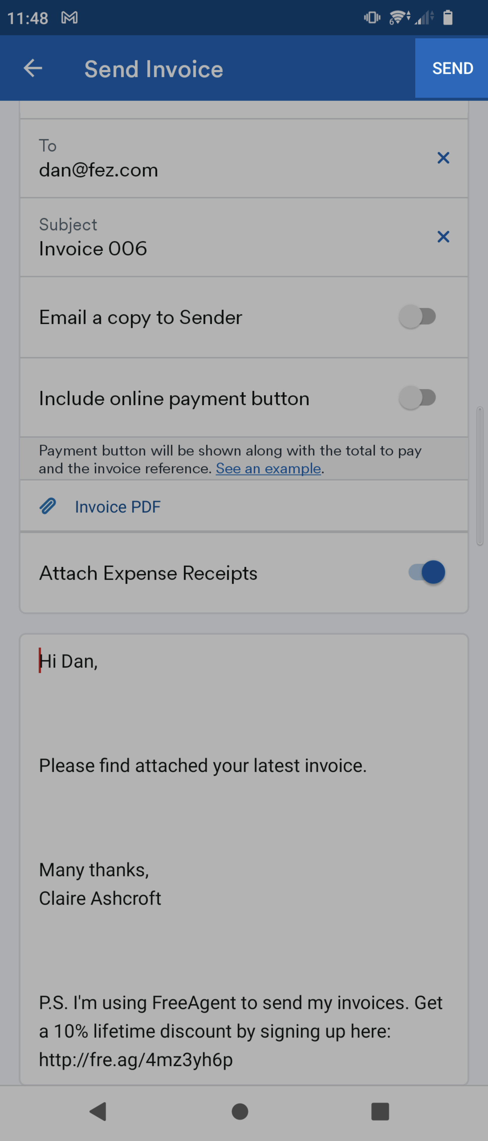 'Send' button highlighted on Send invoice screen.