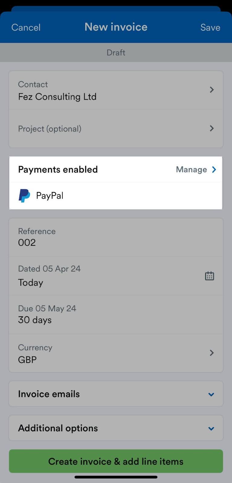 Payments enabled section highlighted on new invoice form