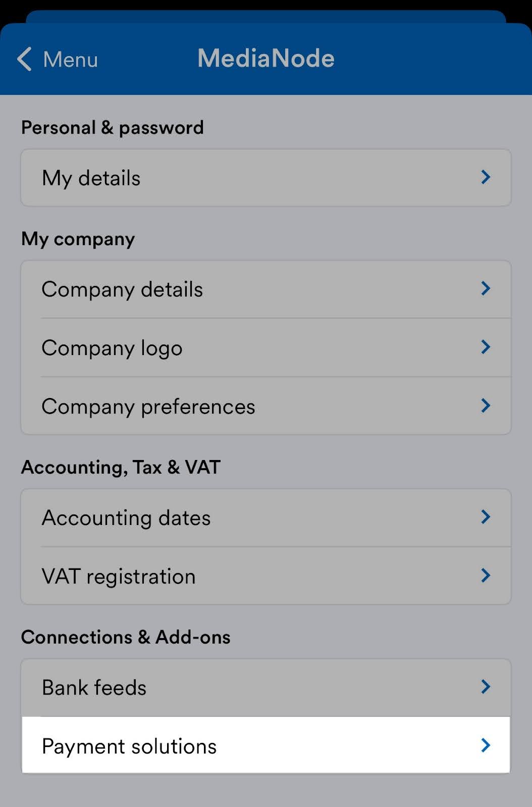 Payment solutions section highlighted