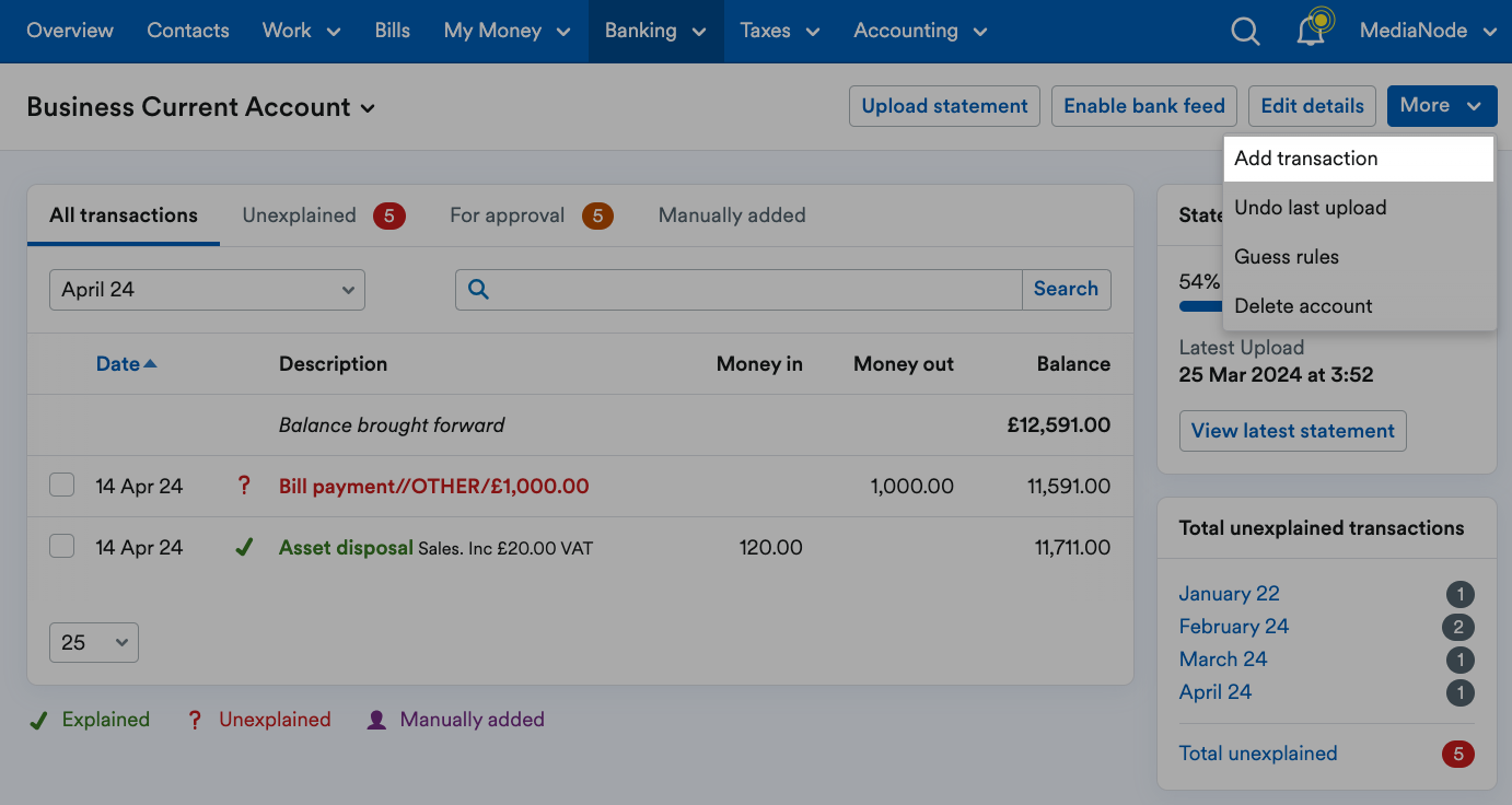 ‘Add transaction’ highlighted beneath More drop-down menu on an example account page..png