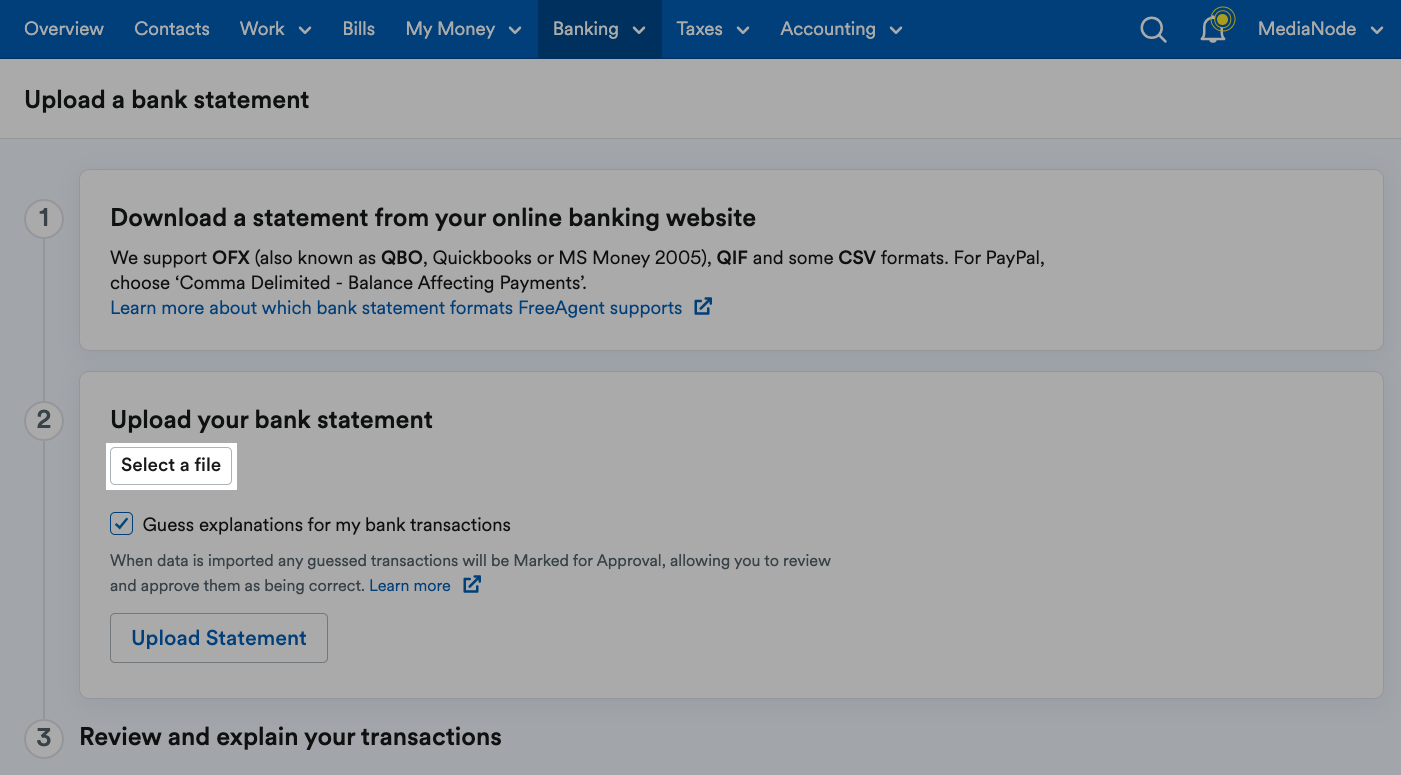 ‘Select a file’ button highlighted on the ‘Upload a bank statement’ page..png