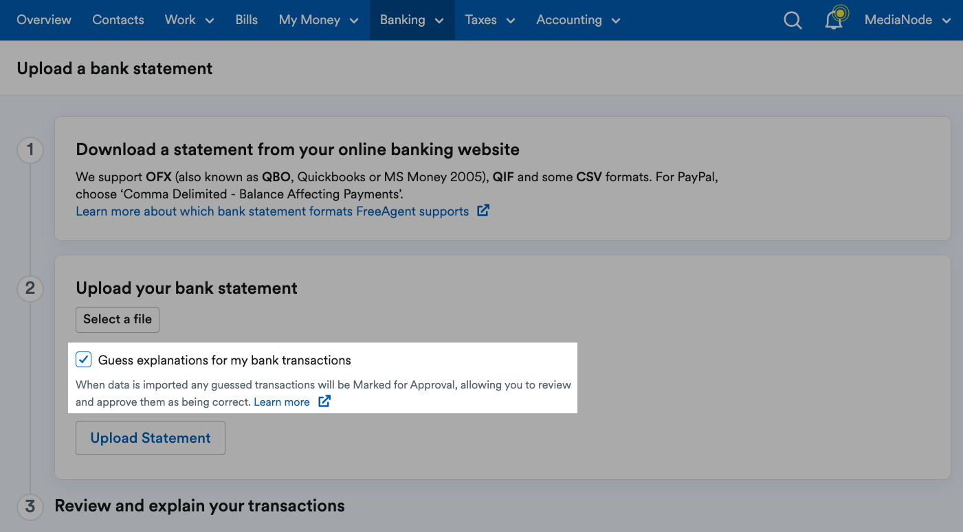 ‘Guess explanations for my bank transactions’ checkbox highlighted under the ‘Select a file’ button..png