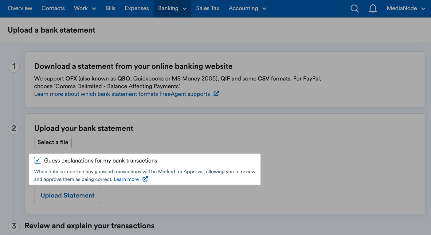 ‘Guess explanations for my bank transactions’ checkbox highlighted under the ‘Select a file’ button..png