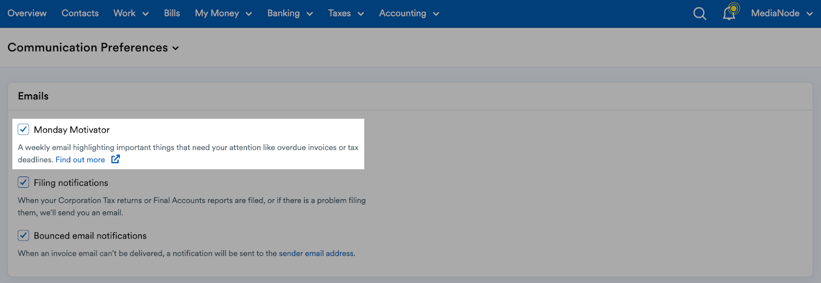 Monday Motivator checkbox highlighted in the Emails section of the Communication Preferences page..png