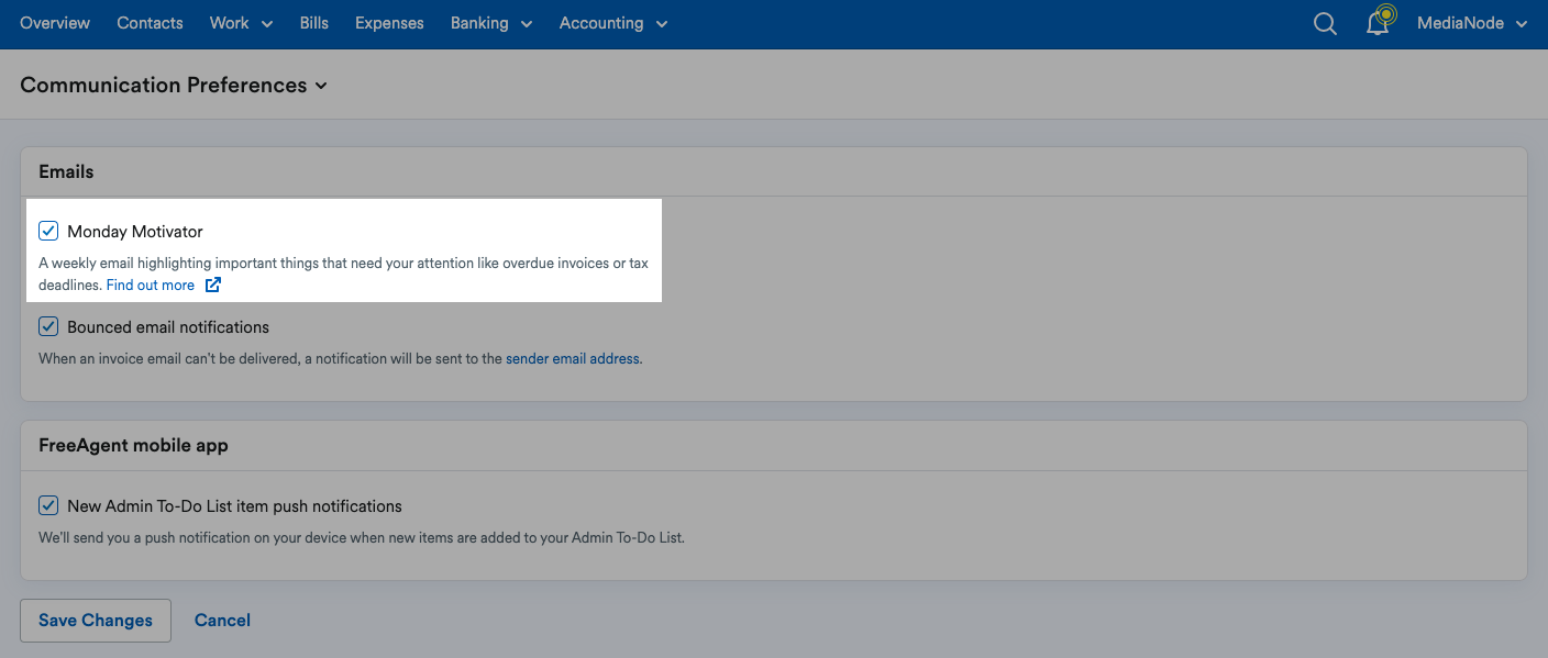 Monday Motivator checkbox highlighted in the Emails section of the Communication Preferences page..png
