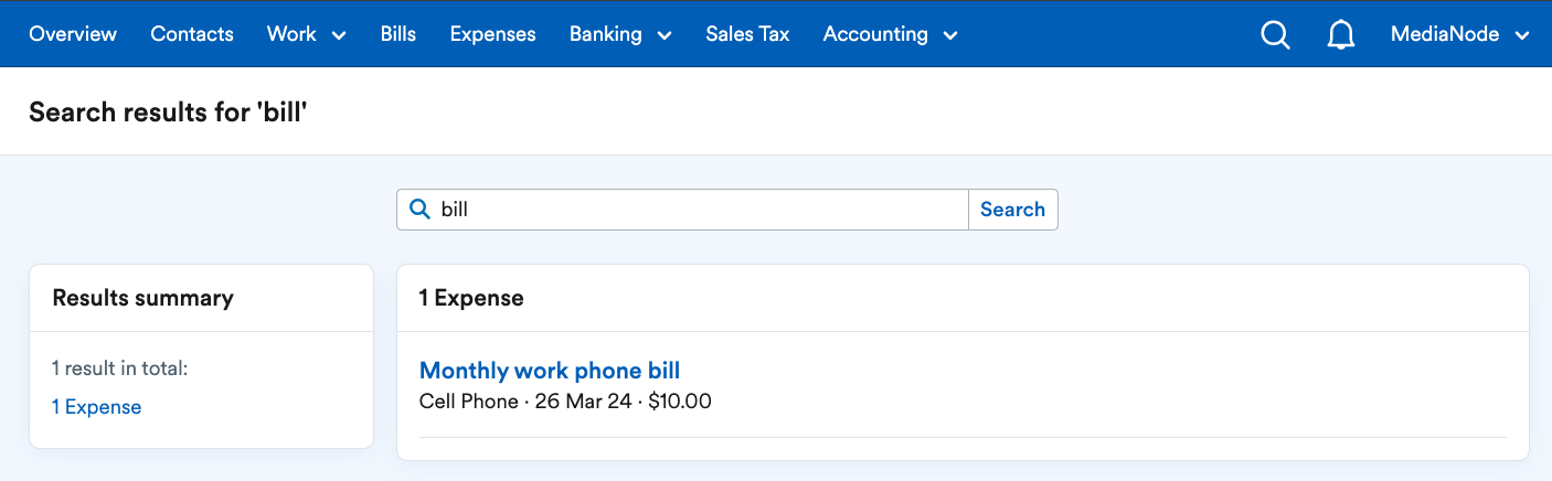 Search results for example term ‘bill’ showing bank transaction data from account..png