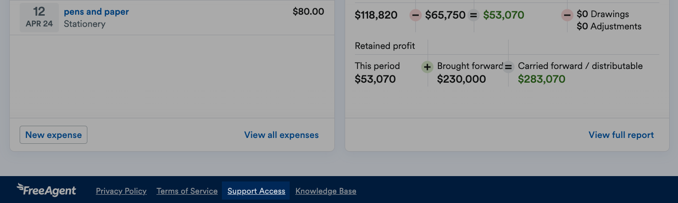 Support Access button highlighted at bottom of webpage between Terms of Service and Knowledge Base..png