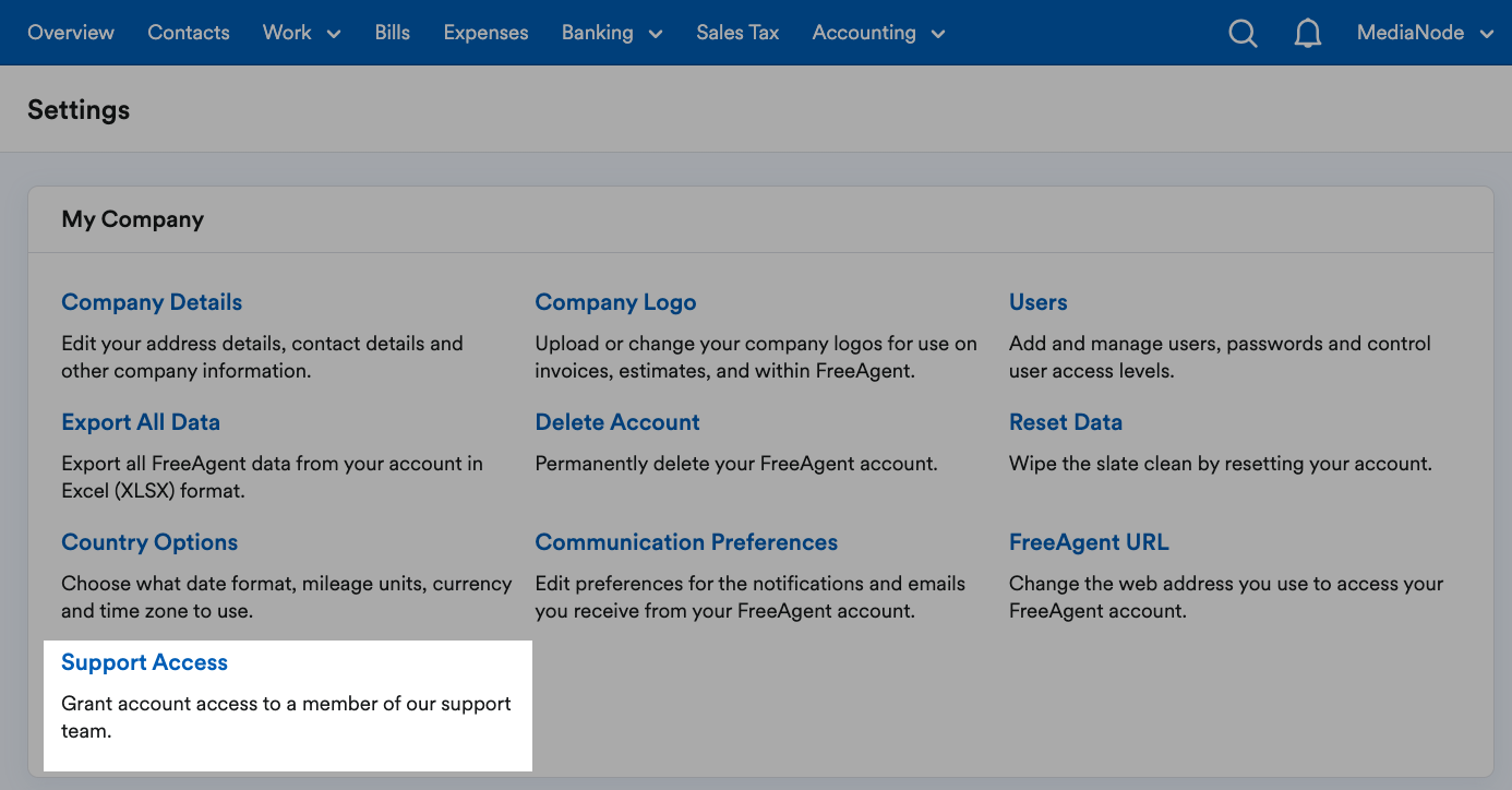 Support Access button highlighted within My Company subsection on Setting Page..png