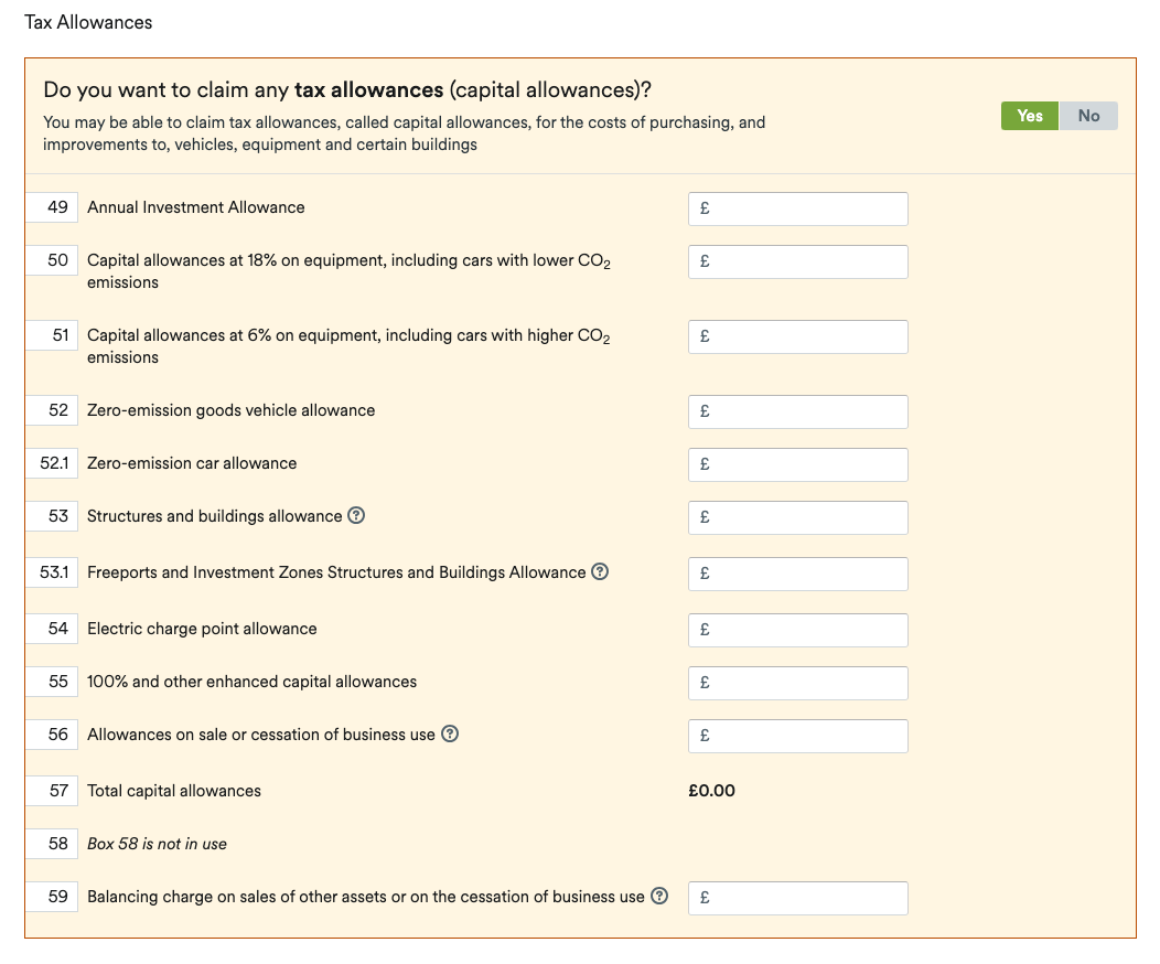 Tax Allowances section of self-employment page