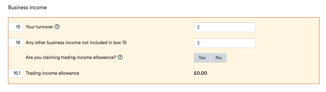 Business income section of Self-Employment page