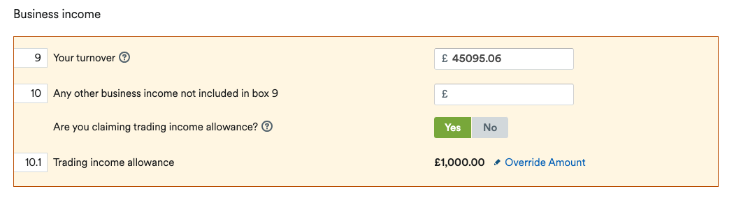 Business income section of Self Employment page