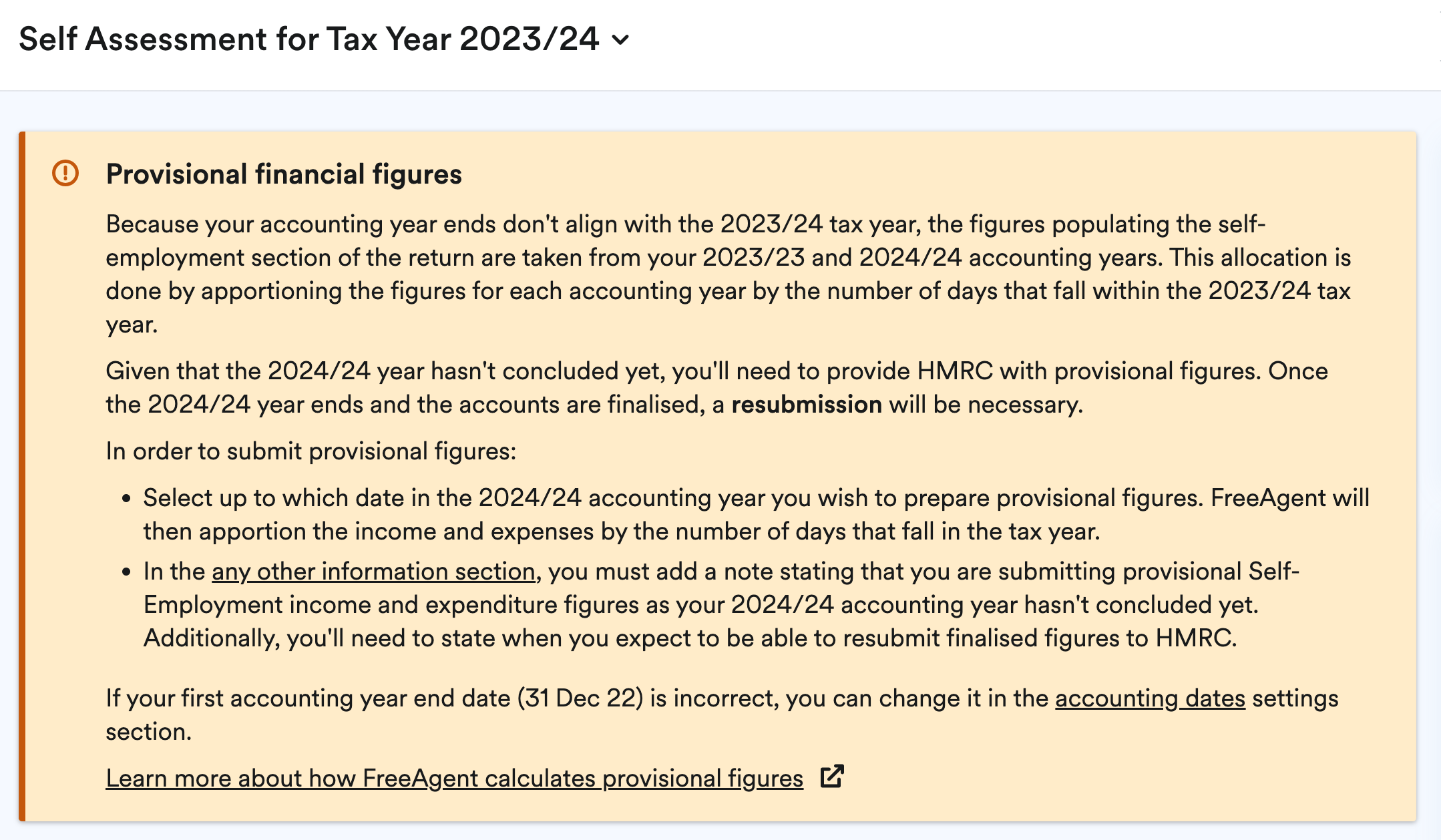 Screenshot showing warning that provisional figures are needed in FreeAgent.png