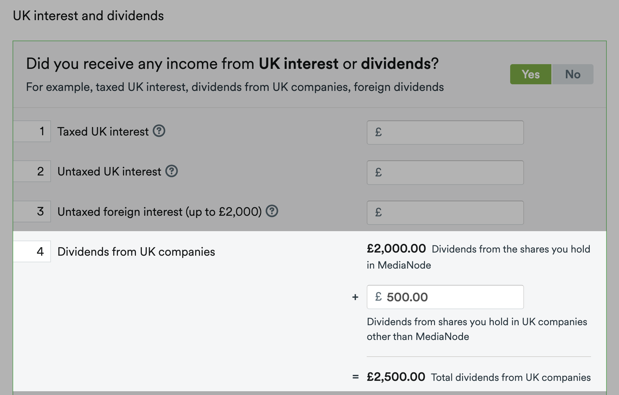 dividends from UK companies box highlighted
