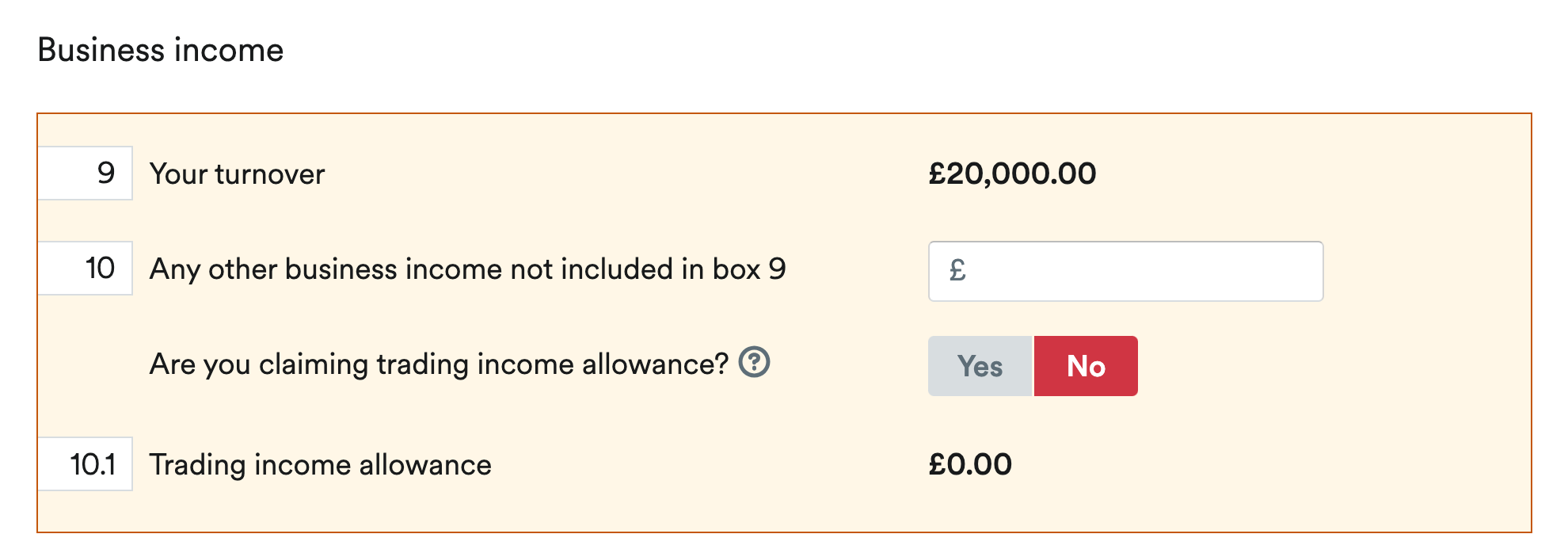 income section of Self-employment page