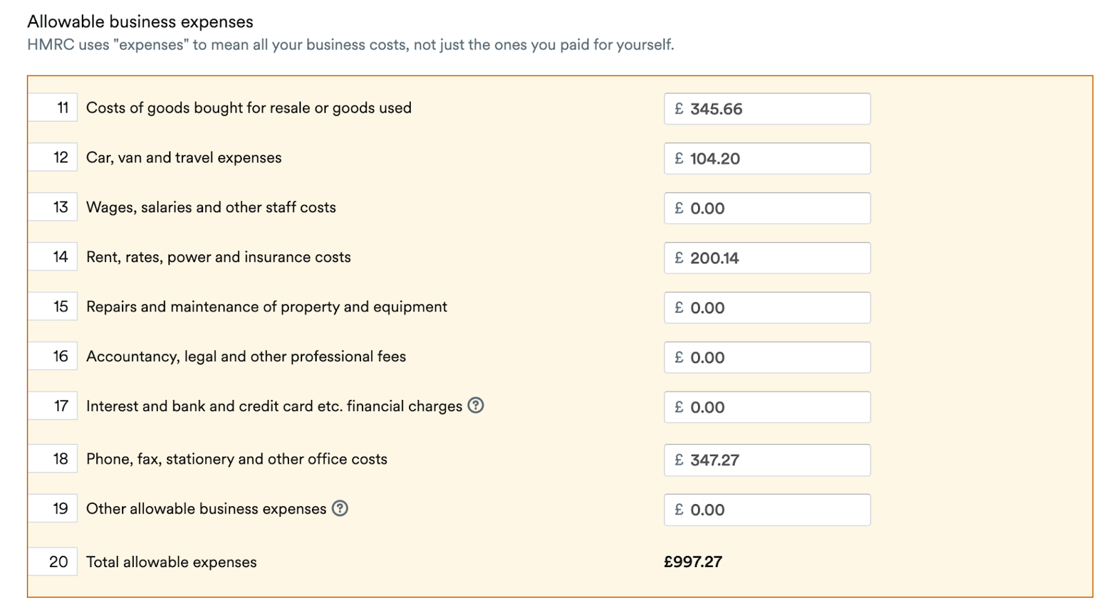 Business expenses section of Self-Employment page
