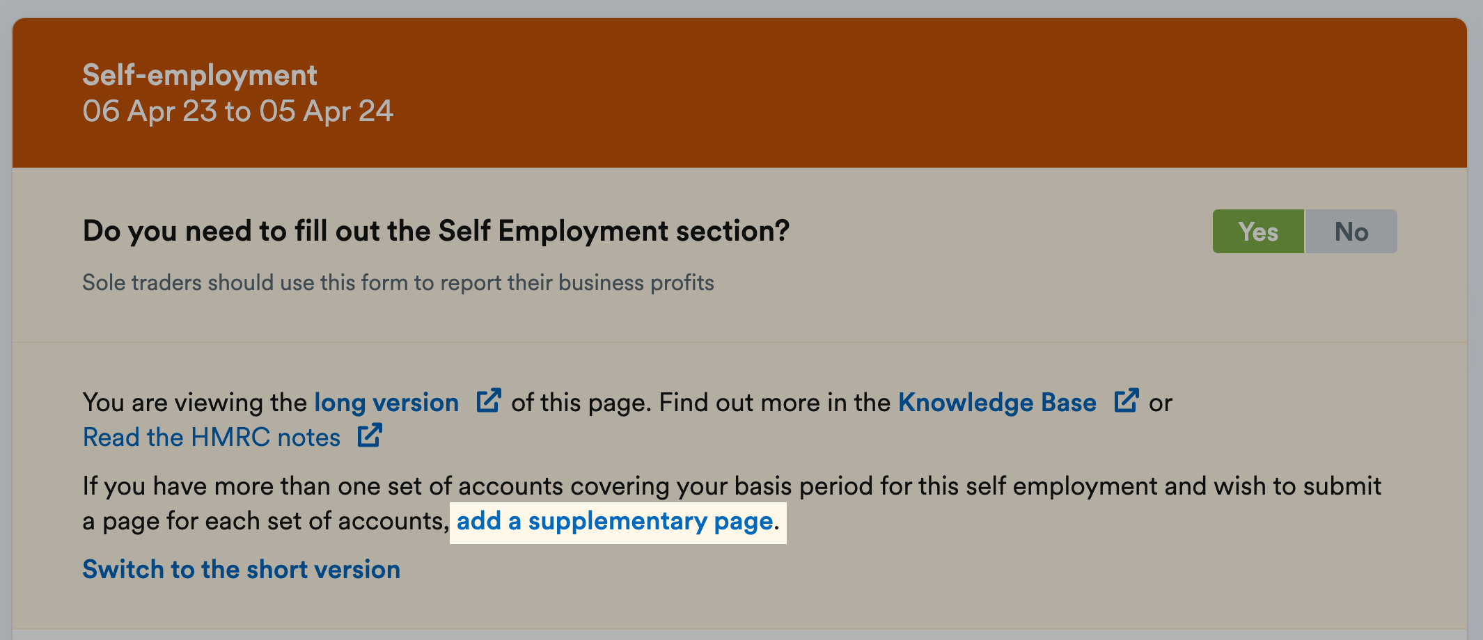 Add a supplementary page link on self-employment page