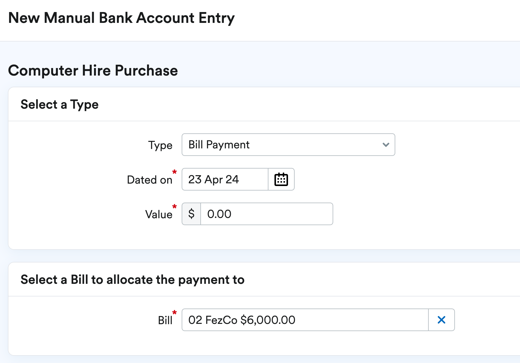 New Manual Bank Account Entry page.