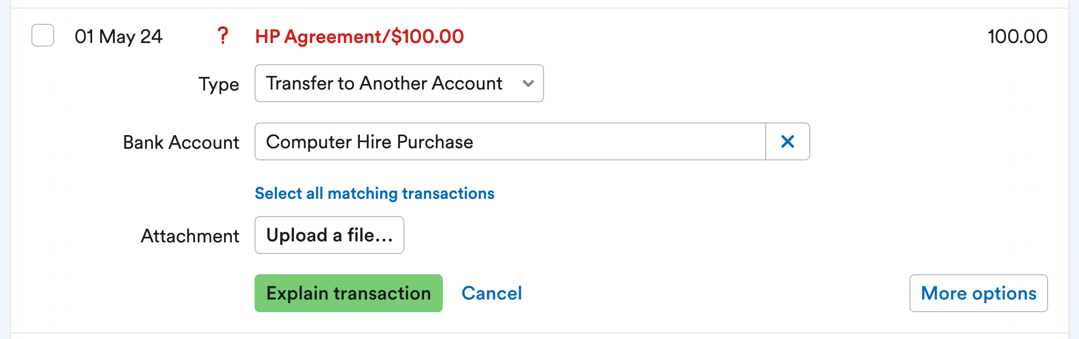 Transaction explanation showing account, and type.
