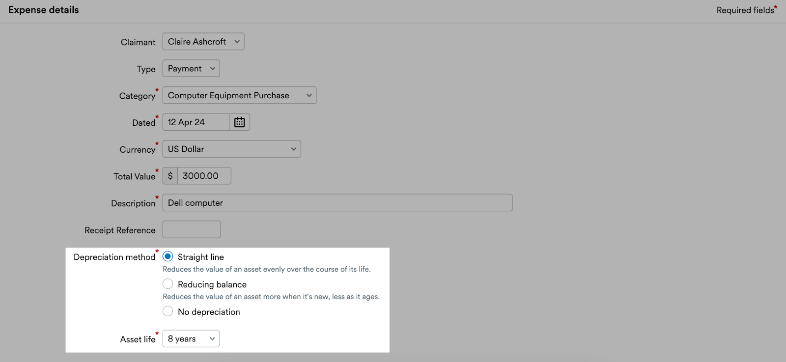 depreciation fields highlighted for an expense