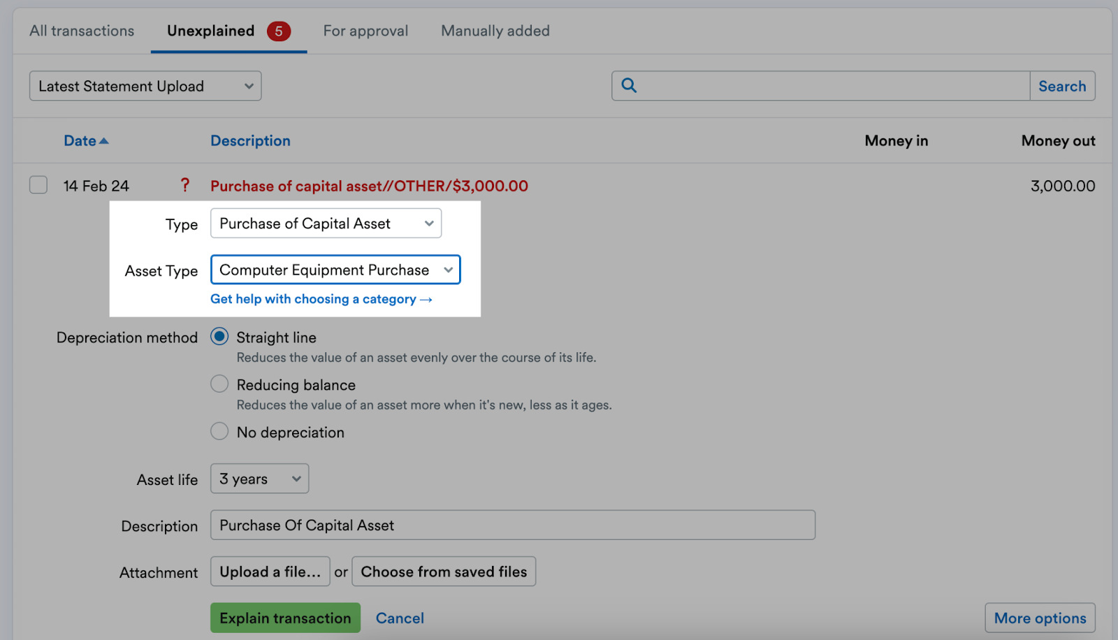 Asset options highlighted for a bank transaction explanation