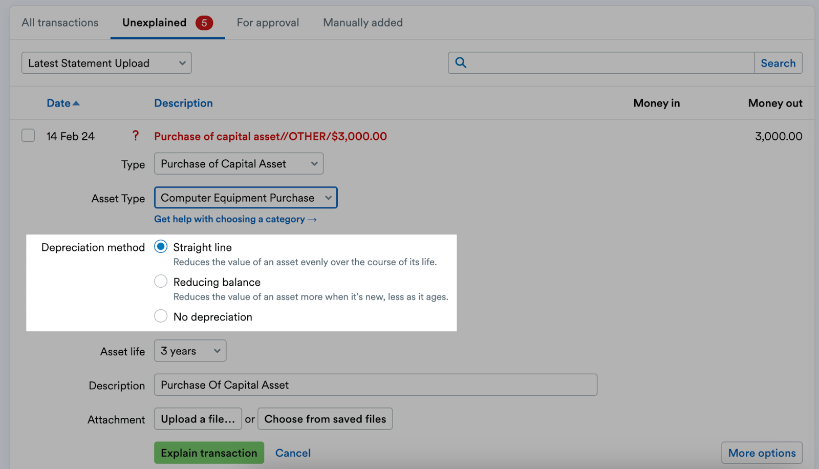 Depreciation menthods highlighted for a bank transaction explanation