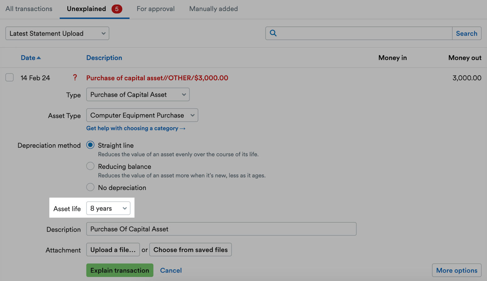 asset life highlighted for a bank transaction explanation