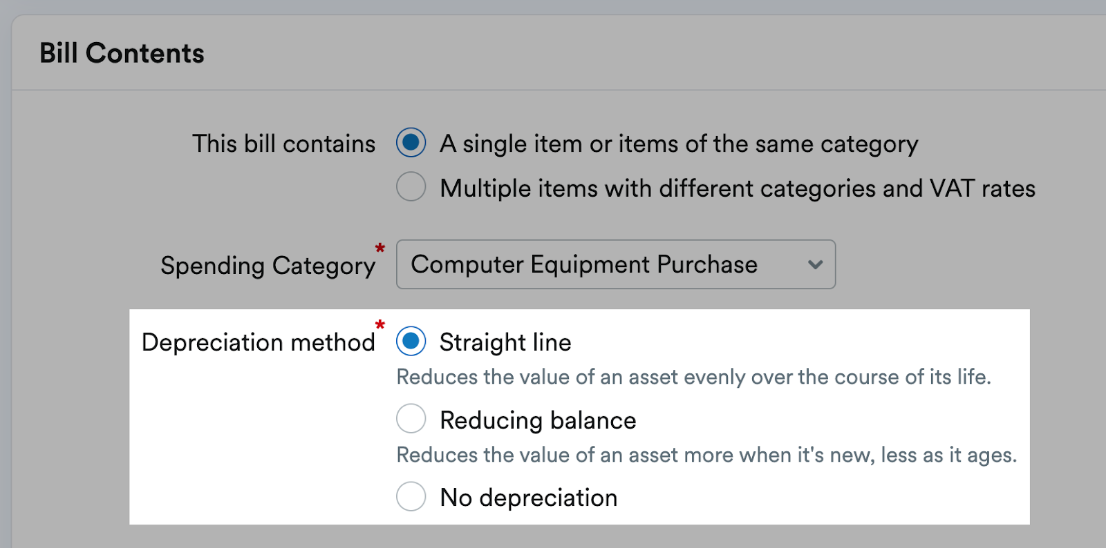 Depreciation options highlighted on a bill
