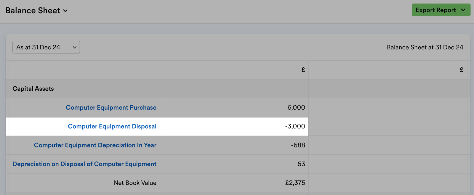 Balance Sheet report showing the disposal entry
