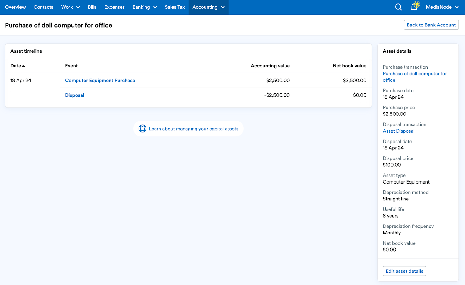 Capital Assets report with disposal entry