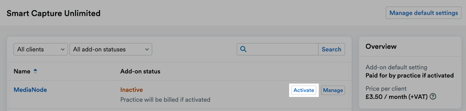 ‘Activate’ button highlighted next to an example client name on the Smart Capture Unlimited page.